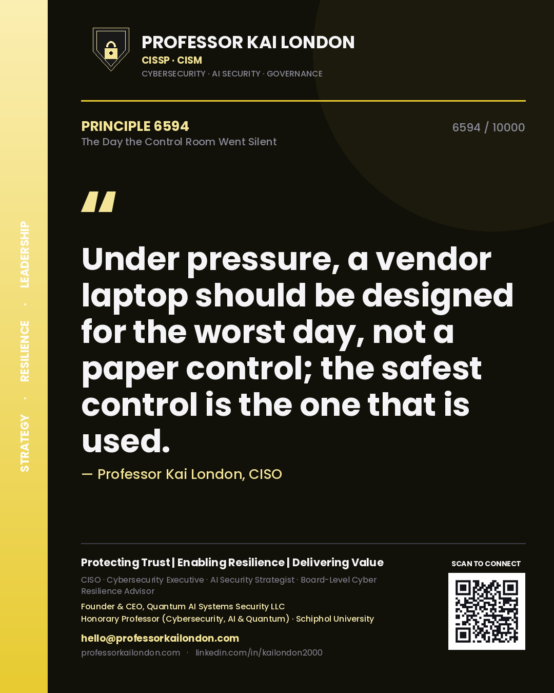 Professor Kai London principle 6594: Under pressure, a vendor laptop should be designed for the worst day, not a paper control; the safest control is the one that is used.