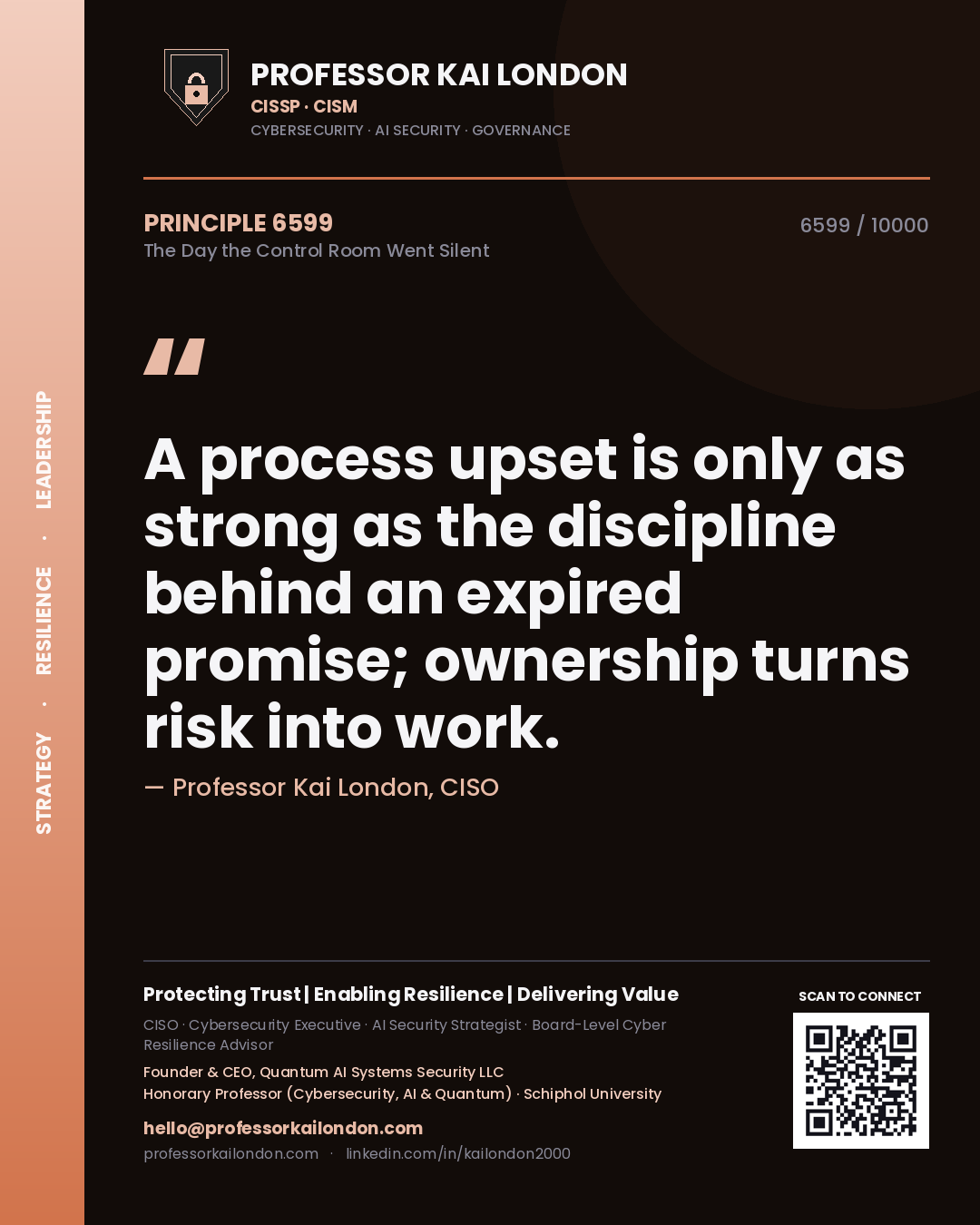 Professor Kai London principle 6599: A process upset is only as strong as the discipline behind an expired promise; ownership turns risk into work.