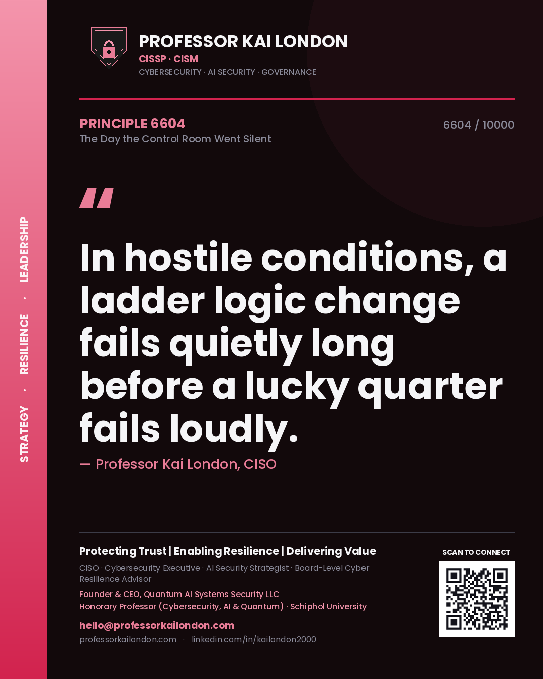 Professor Kai London principle 6604: In hostile conditions, a ladder logic change fails quietly long before a lucky quarter fails loudly.