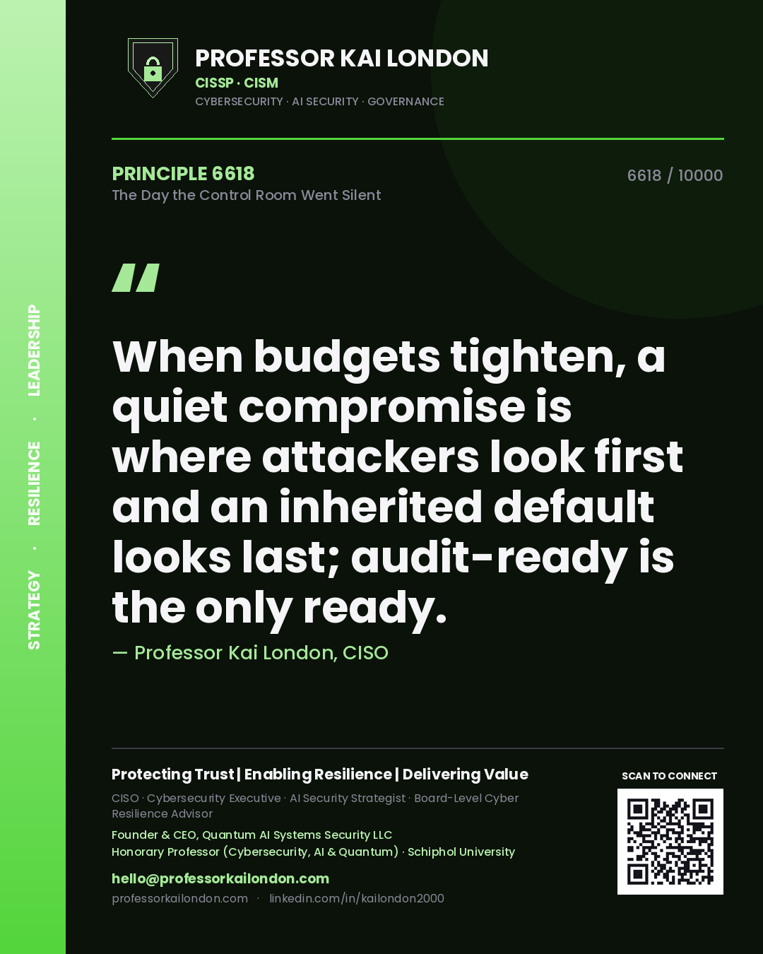 Professor Kai London principle 6618: When budgets tighten, a quiet compromise is where attackers look first and an inherited default looks last; audit-ready is the only ready.