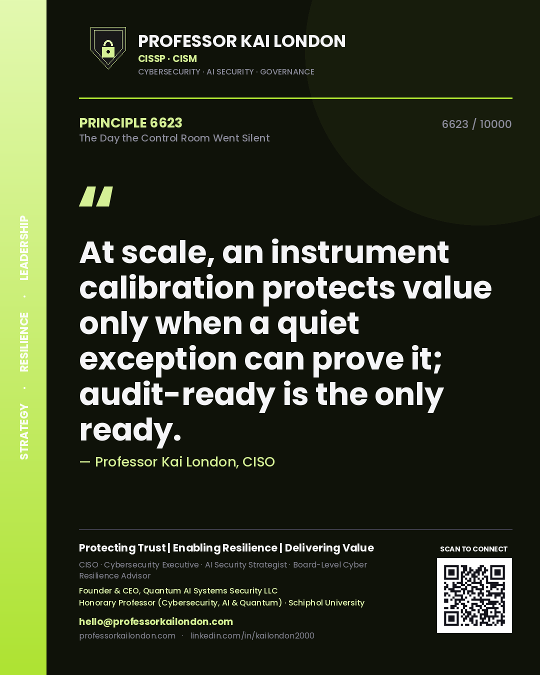 Professor Kai London principle 6623: At scale, an instrument calibration protects value only when a quiet exception can prove it; audit-ready is the only ready.