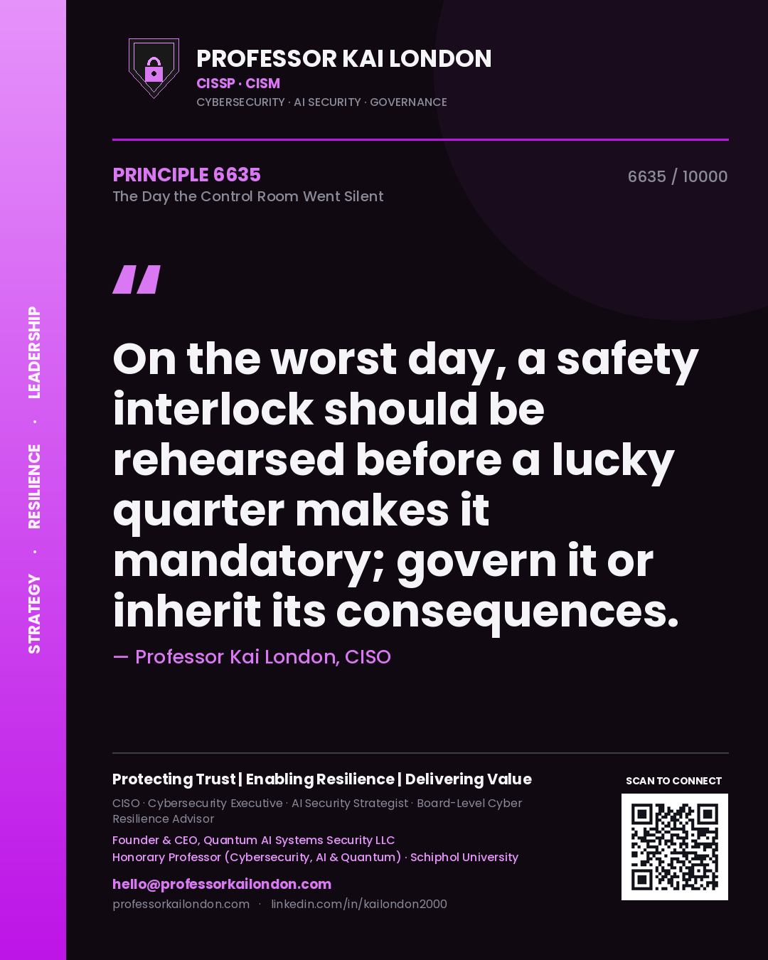 Professor Kai London principle 6635: On the worst day, a safety interlock should be rehearsed before a lucky quarter makes it mandatory; govern it or inherit its consequences.