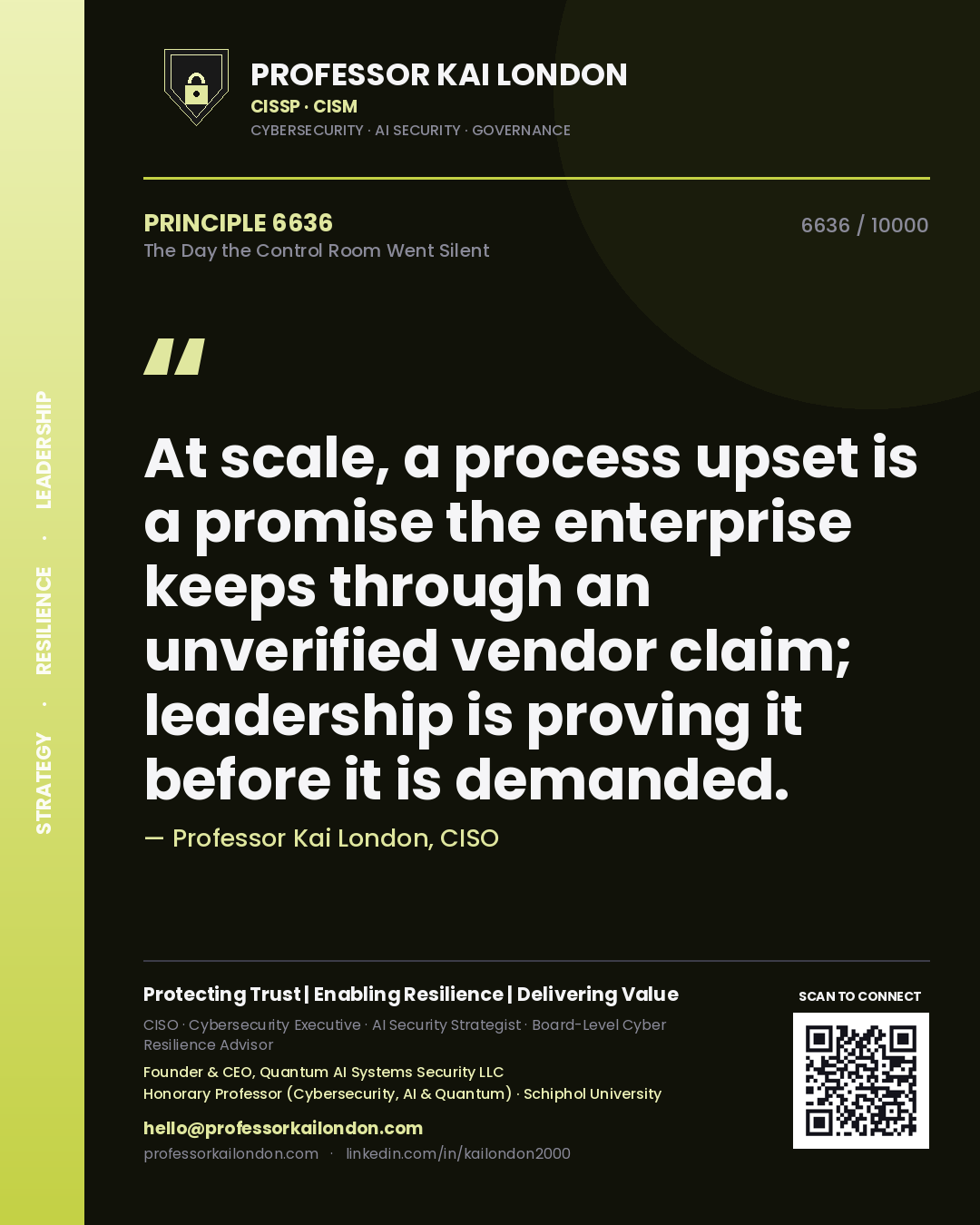 Professor Kai London principle 6636: At scale, a process upset is a promise the enterprise keeps through an unverified vendor claim; leadership is proving it before it is demanded.