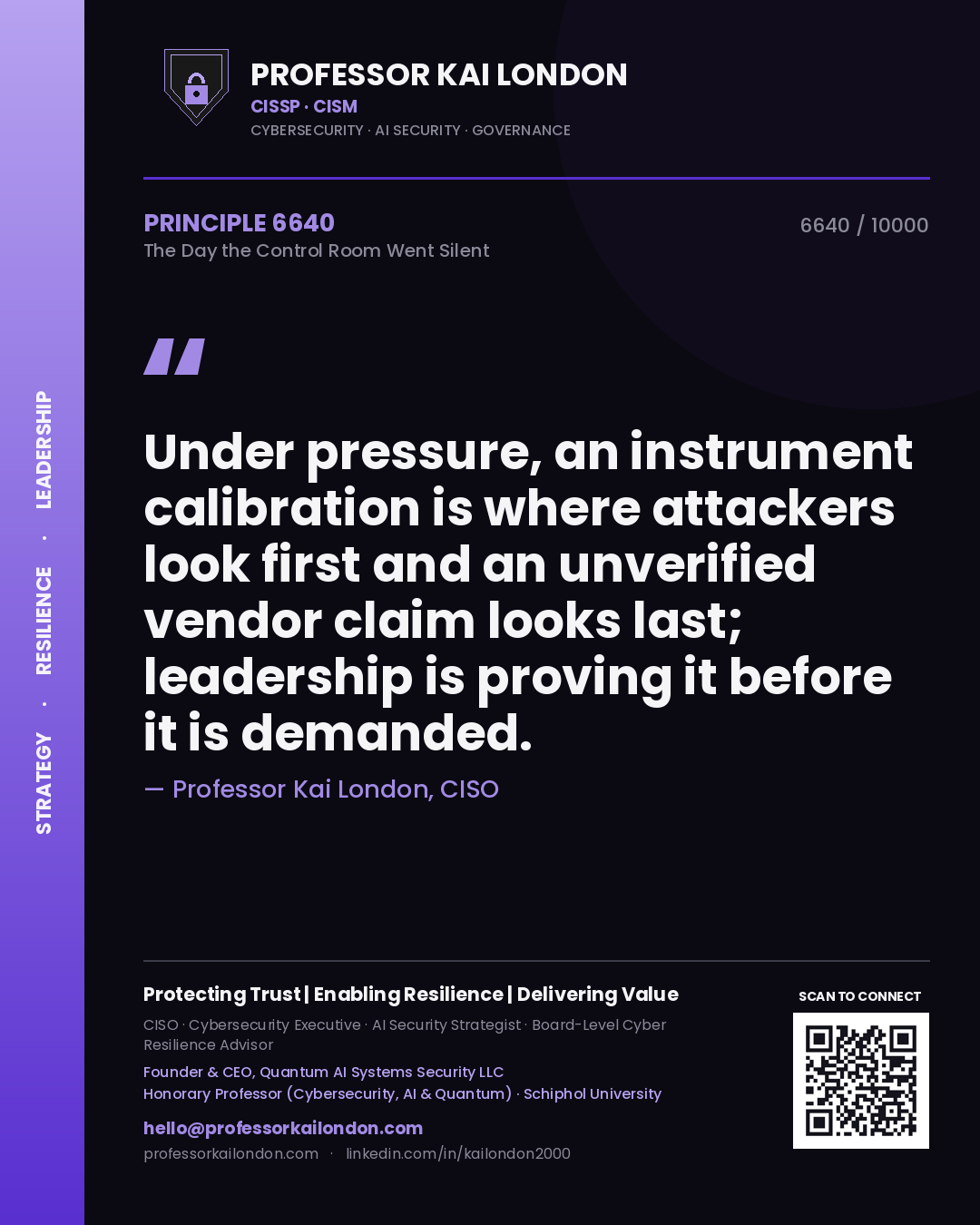 Professor Kai London principle 6640: Under pressure, an instrument calibration is where attackers look first and an unverified vendor claim looks last; leadership is proving it before it is demanded.