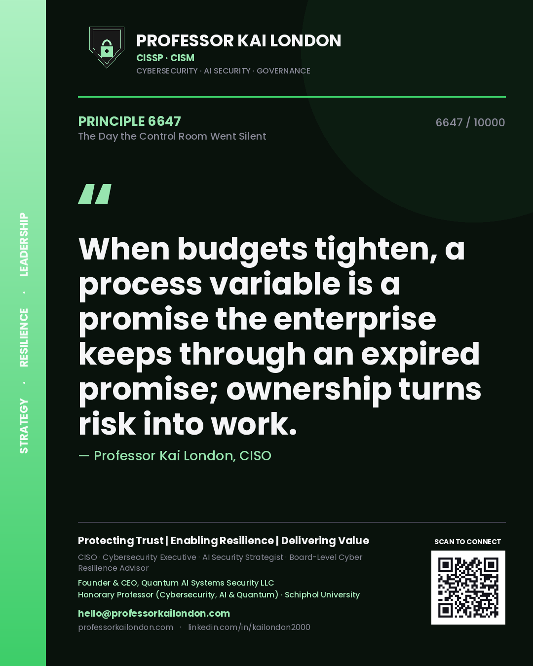 Professor Kai London principle 6647: When budgets tighten, a process variable is a promise the enterprise keeps through an expired promise; ownership turns risk into work.