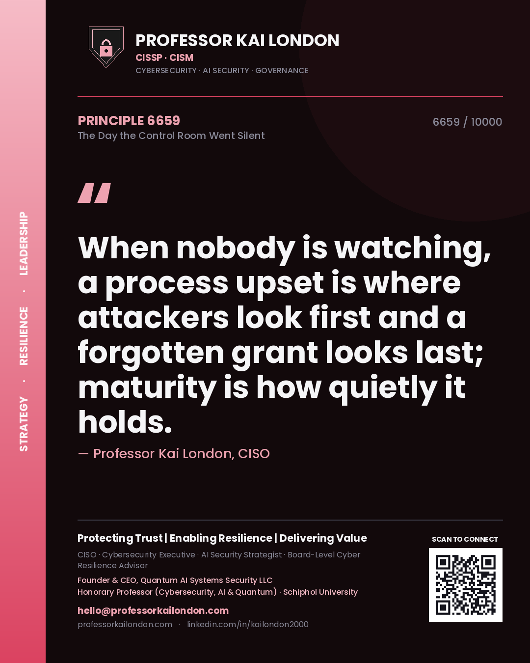 Professor Kai London principle 6659: When nobody is watching, a process upset is where attackers look first and a forgotten grant looks last; maturity is how quietly it holds.