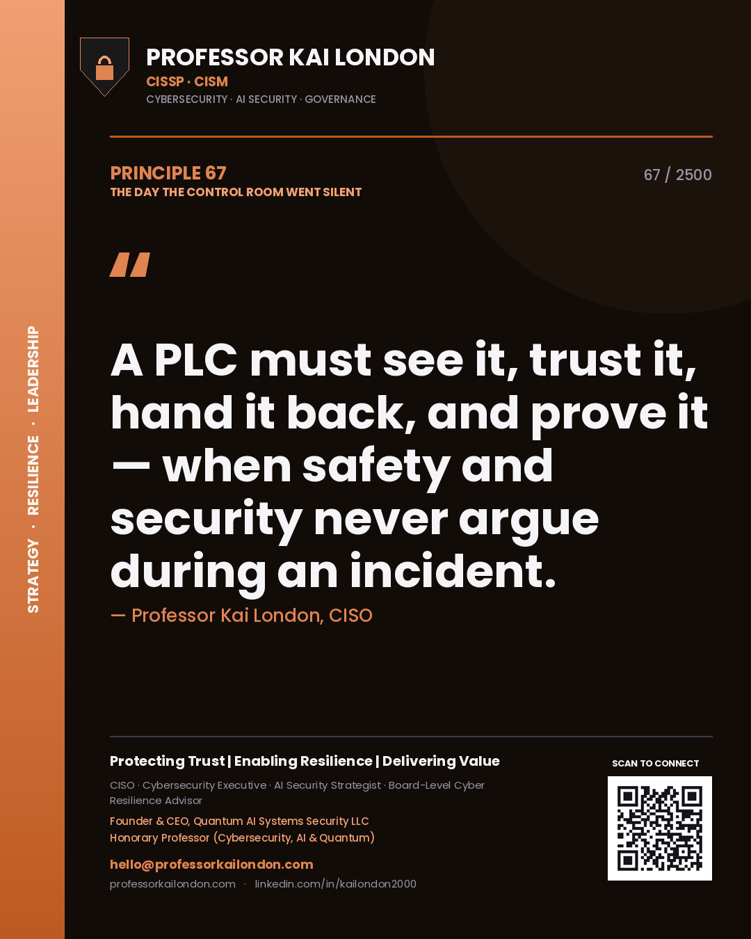 Professor Kai London principle 67: A PLC must see it, trust it, hand it back, and prove it — when safety and security never argue during an incident.