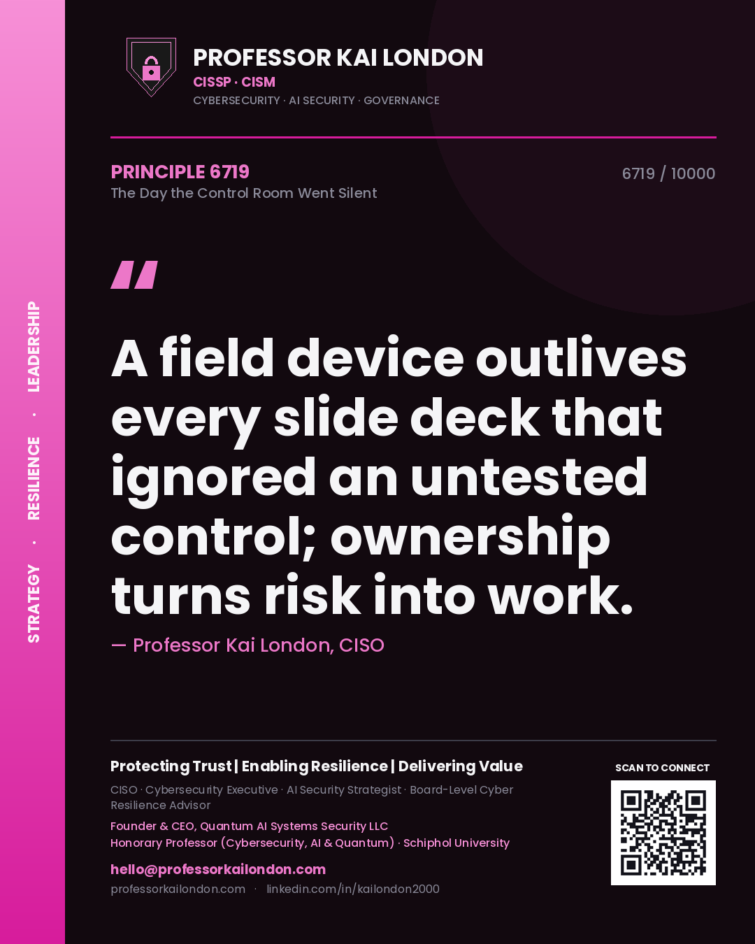 Professor Kai London principle 6719: A field device outlives every slide deck that ignored an untested control; ownership turns risk into work.