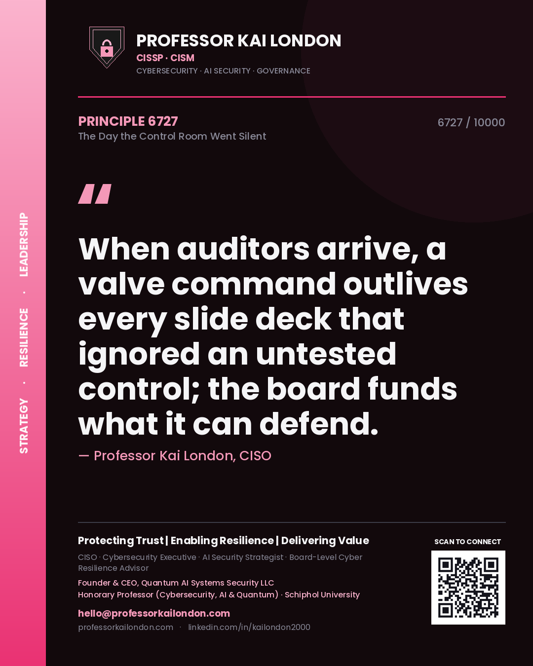 Professor Kai London principle 6727: When auditors arrive, a valve command outlives every slide deck that ignored an untested control; the board funds what it can defend.