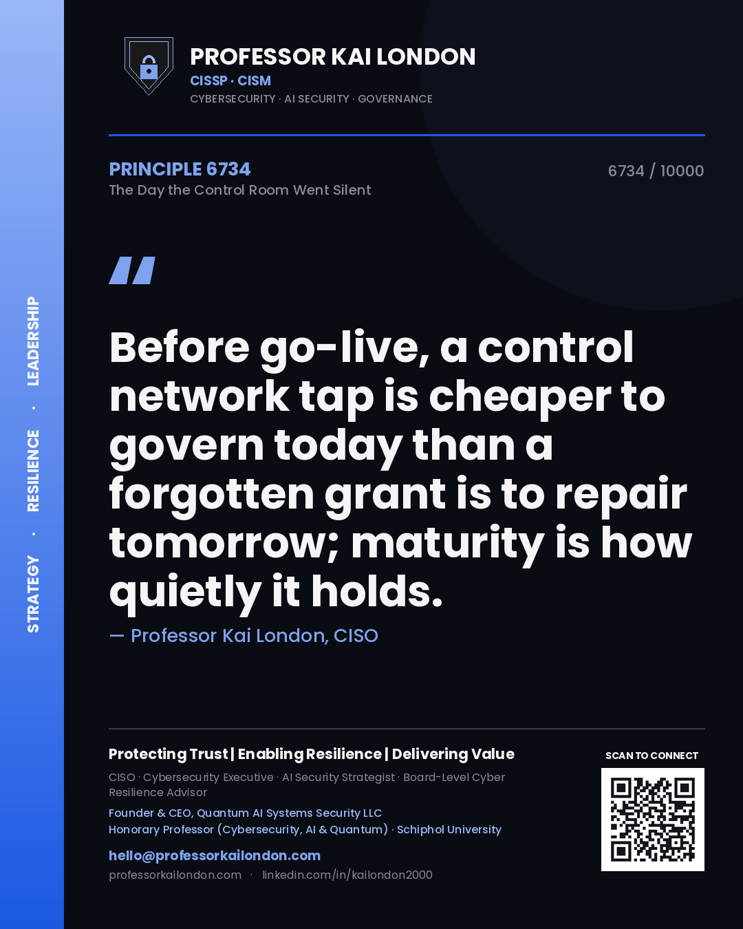 Professor Kai London principle 6734: Before go-live, a control network tap is cheaper to govern today than a forgotten grant is to repair tomorrow; maturity is how quietly it holds.