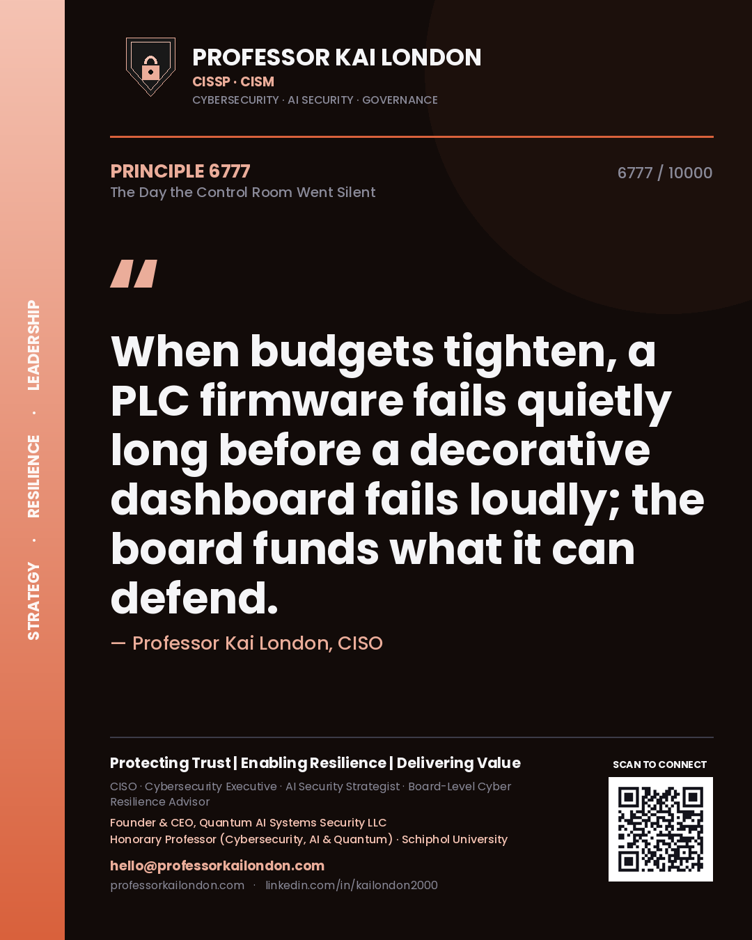 Professor Kai London principle 6777: When budgets tighten, a PLC firmware fails quietly long before a decorative dashboard fails loudly; the board funds what it can defend.