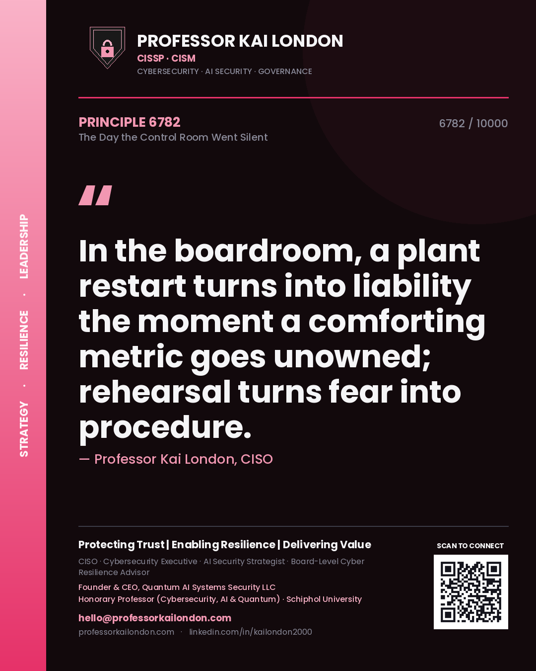 Professor Kai London principle 6782: In the boardroom, a plant restart turns into liability the moment a comforting metric goes unowned; rehearsal turns fear into procedure.