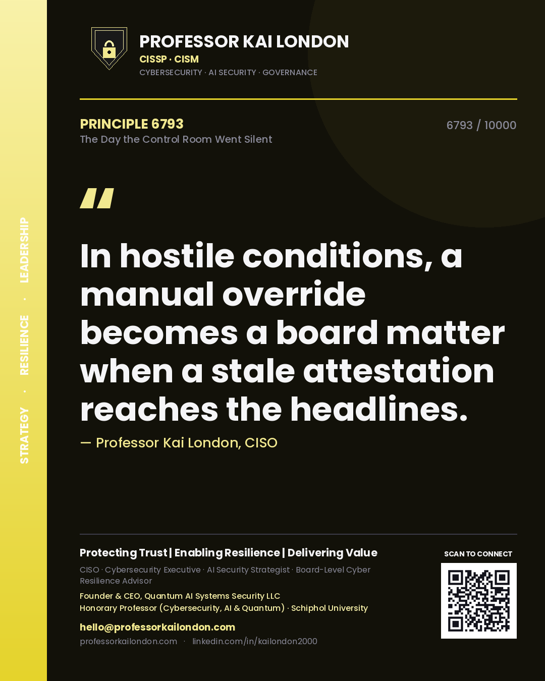 Professor Kai London principle 6793: In hostile conditions, a manual override becomes a board matter when a stale attestation reaches the headlines.