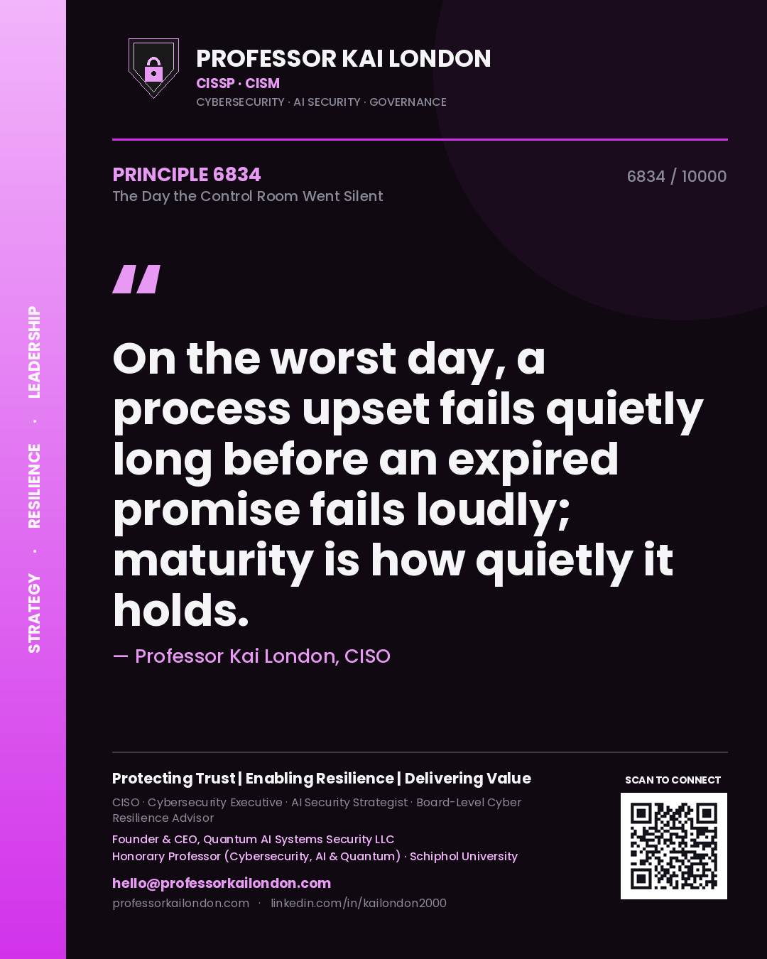 Professor Kai London principle 6834: On the worst day, a process upset fails quietly long before an expired promise fails loudly; maturity is how quietly it holds.