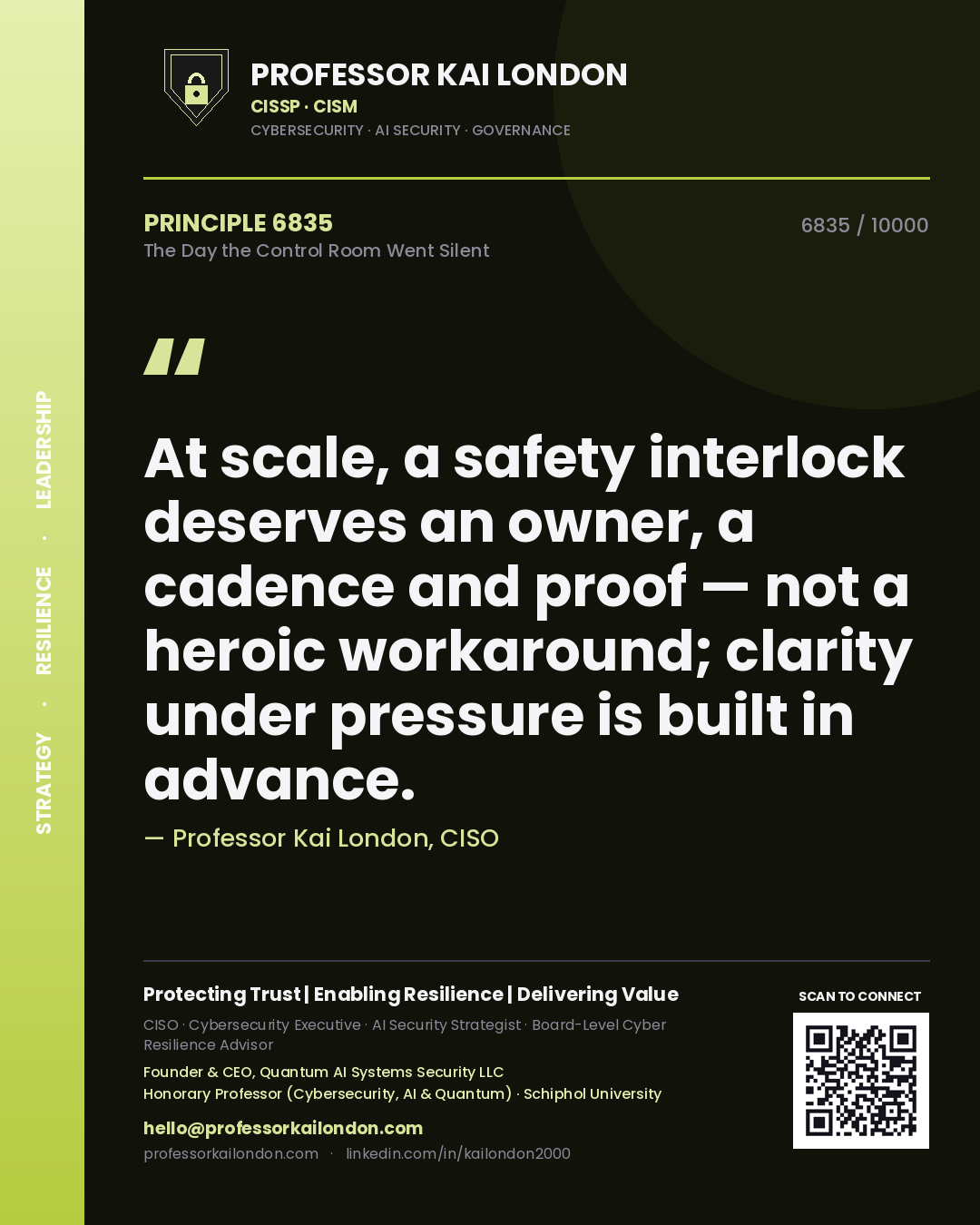 Professor Kai London principle 6835: At scale, a safety interlock deserves an owner, a cadence and proof — not a heroic workaround; clarity under pressure is built in advance.