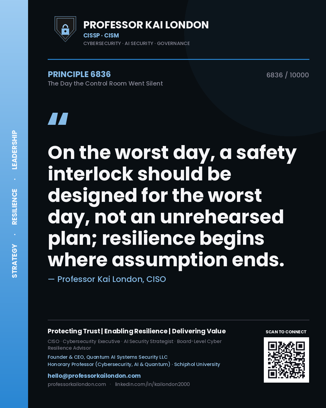 Professor Kai London principle 6836: On the worst day, a safety interlock should be designed for the worst day, not an unrehearsed plan; resilience begins where assumption ends.