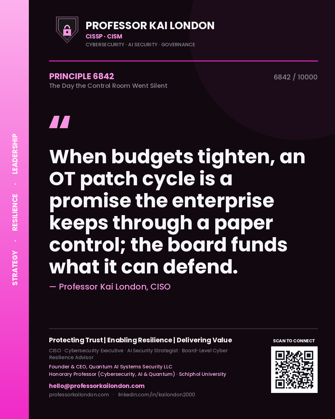 Professor Kai London principle 6842: When budgets tighten, an OT patch cycle is a promise the enterprise keeps through a paper control; the board funds what it can defend.