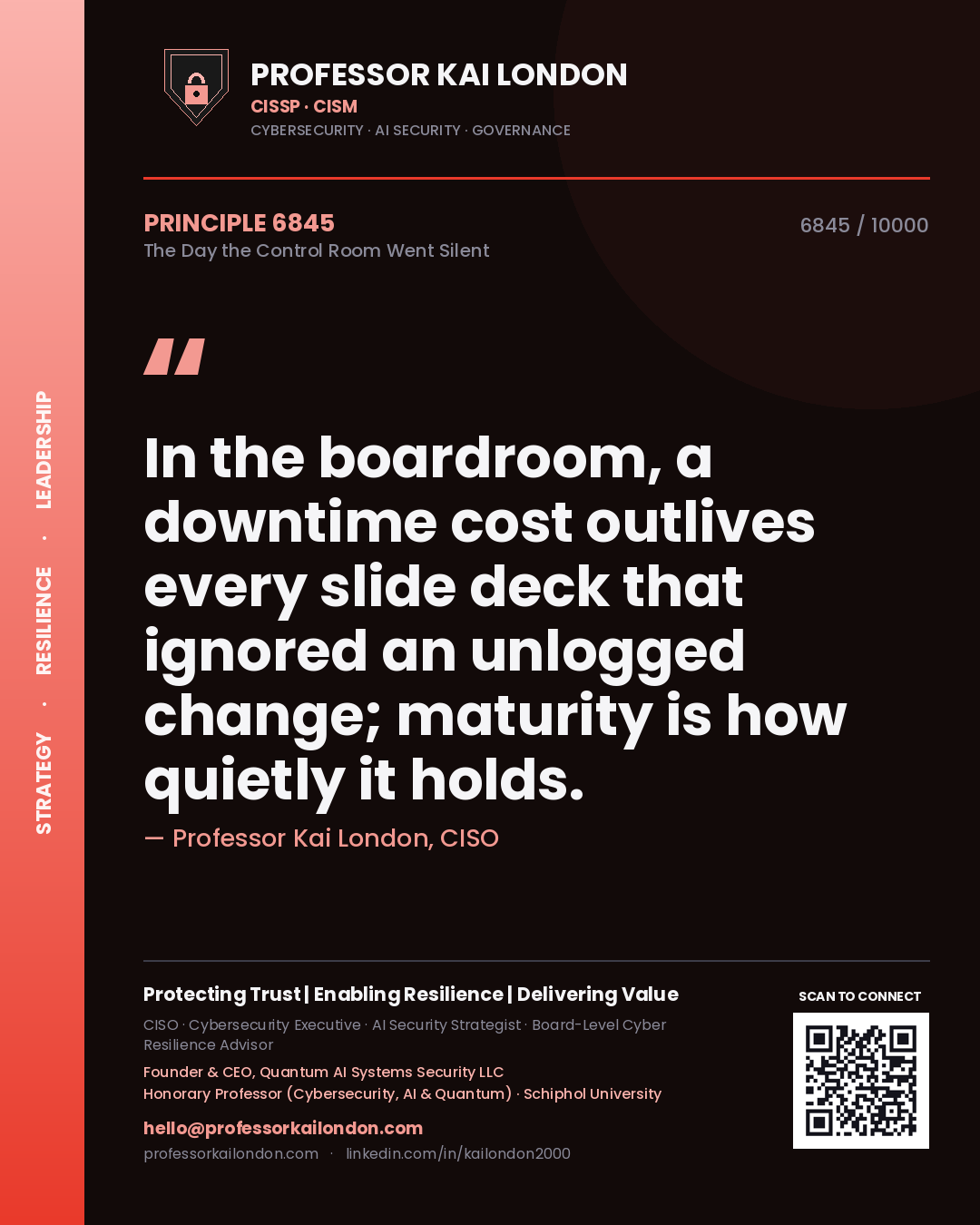 Professor Kai London principle 6845: In the boardroom, a downtime cost outlives every slide deck that ignored an unlogged change; maturity is how quietly it holds.