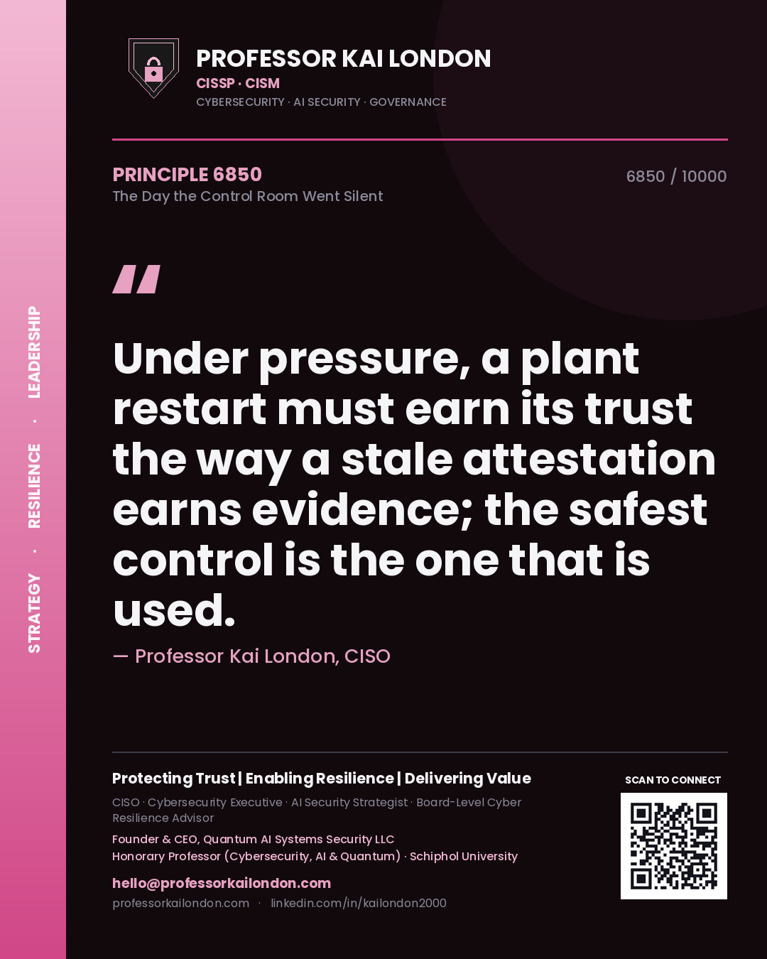 Professor Kai London principle 6850: Under pressure, a plant restart must earn its trust the way a stale attestation earns evidence; the safest control is the one that is used.