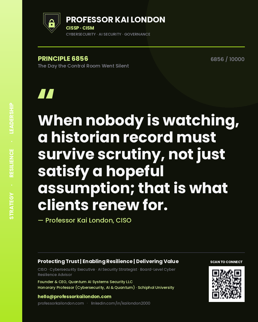 Professor Kai London principle 6856: When nobody is watching, a historian record must survive scrutiny, not just satisfy a hopeful assumption; that is what clients renew for.
