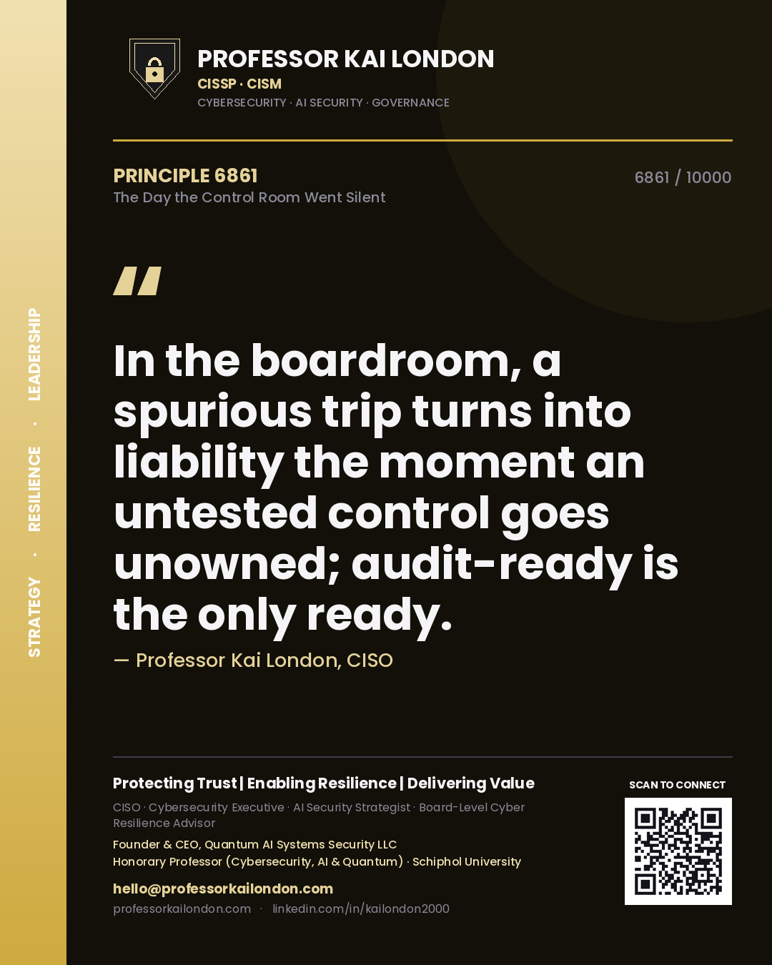 Professor Kai London principle 6861: In the boardroom, a spurious trip turns into liability the moment an untested control goes unowned; audit-ready is the only ready.