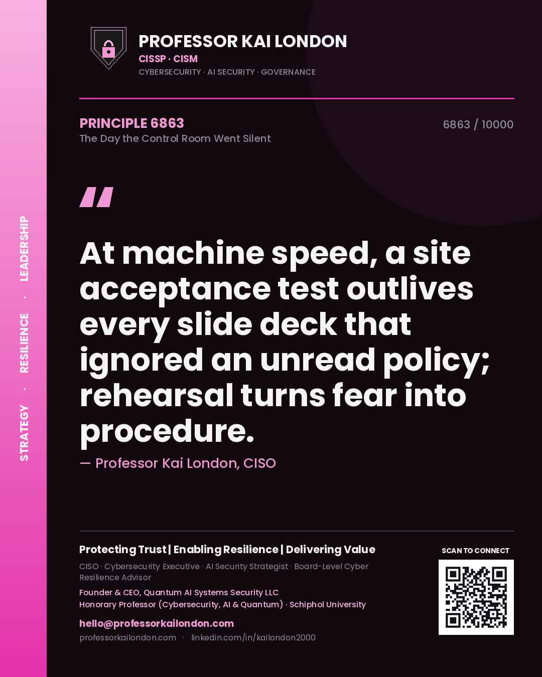 Professor Kai London principle 6863: At machine speed, a site acceptance test outlives every slide deck that ignored an unread policy; rehearsal turns fear into procedure.