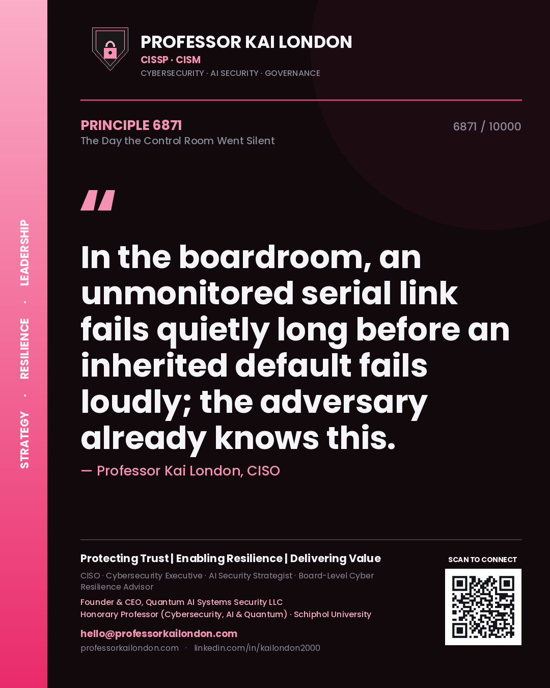 Professor Kai London principle 6871: In the boardroom, an unmonitored serial link fails quietly long before an inherited default fails loudly; the adversary already knows this.