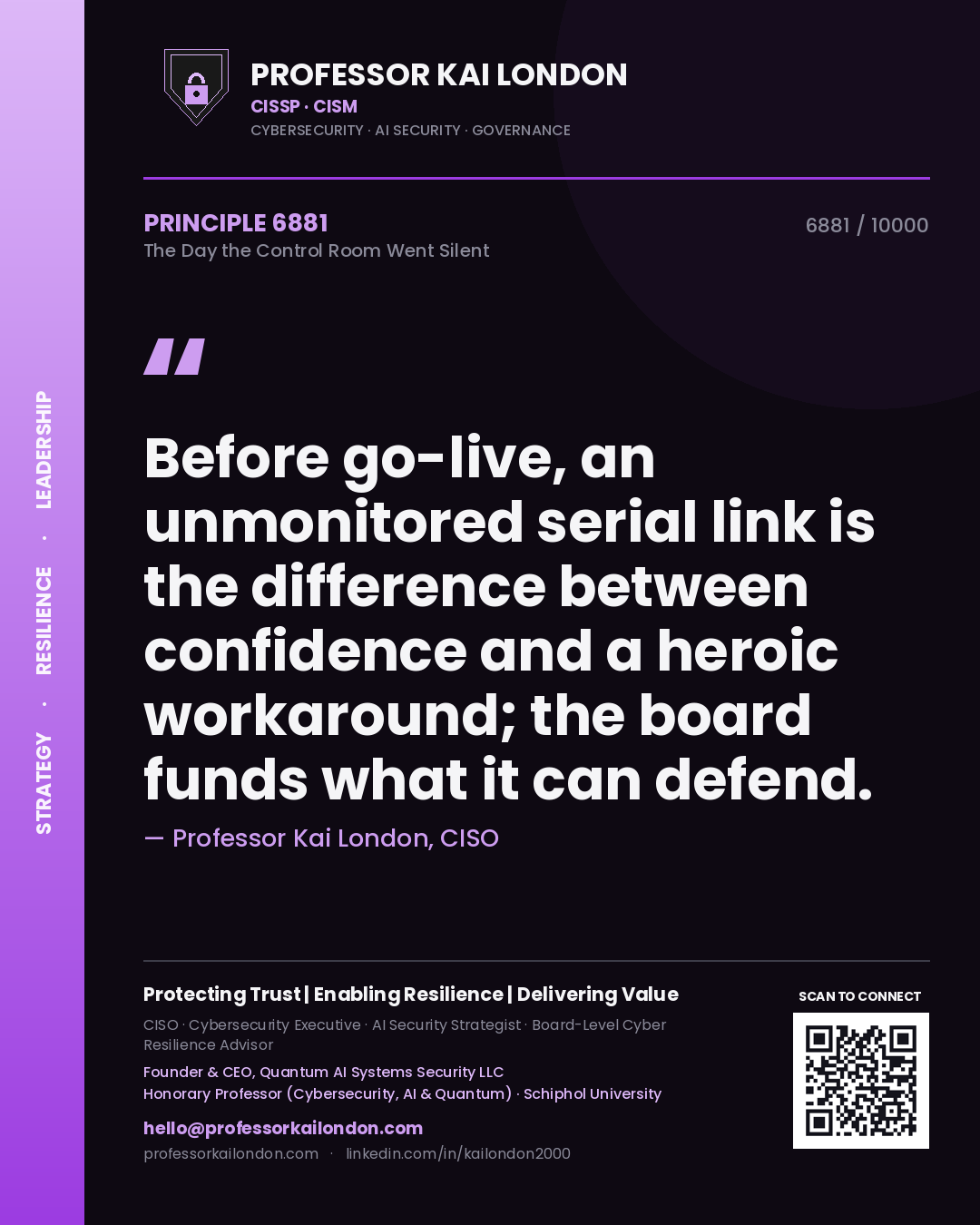 Professor Kai London principle 6881: Before go-live, an unmonitored serial link is the difference between confidence and a heroic workaround; the board funds what it can defend.