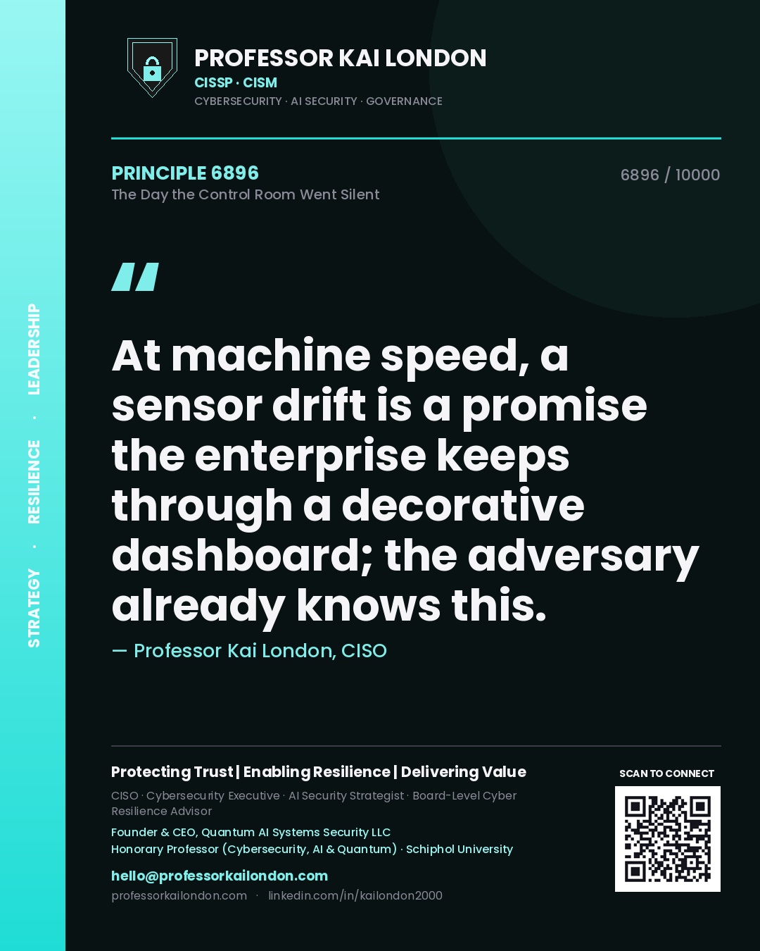 Professor Kai London principle 6896: At machine speed, a sensor drift is a promise the enterprise keeps through a decorative dashboard; the adversary already knows this.
