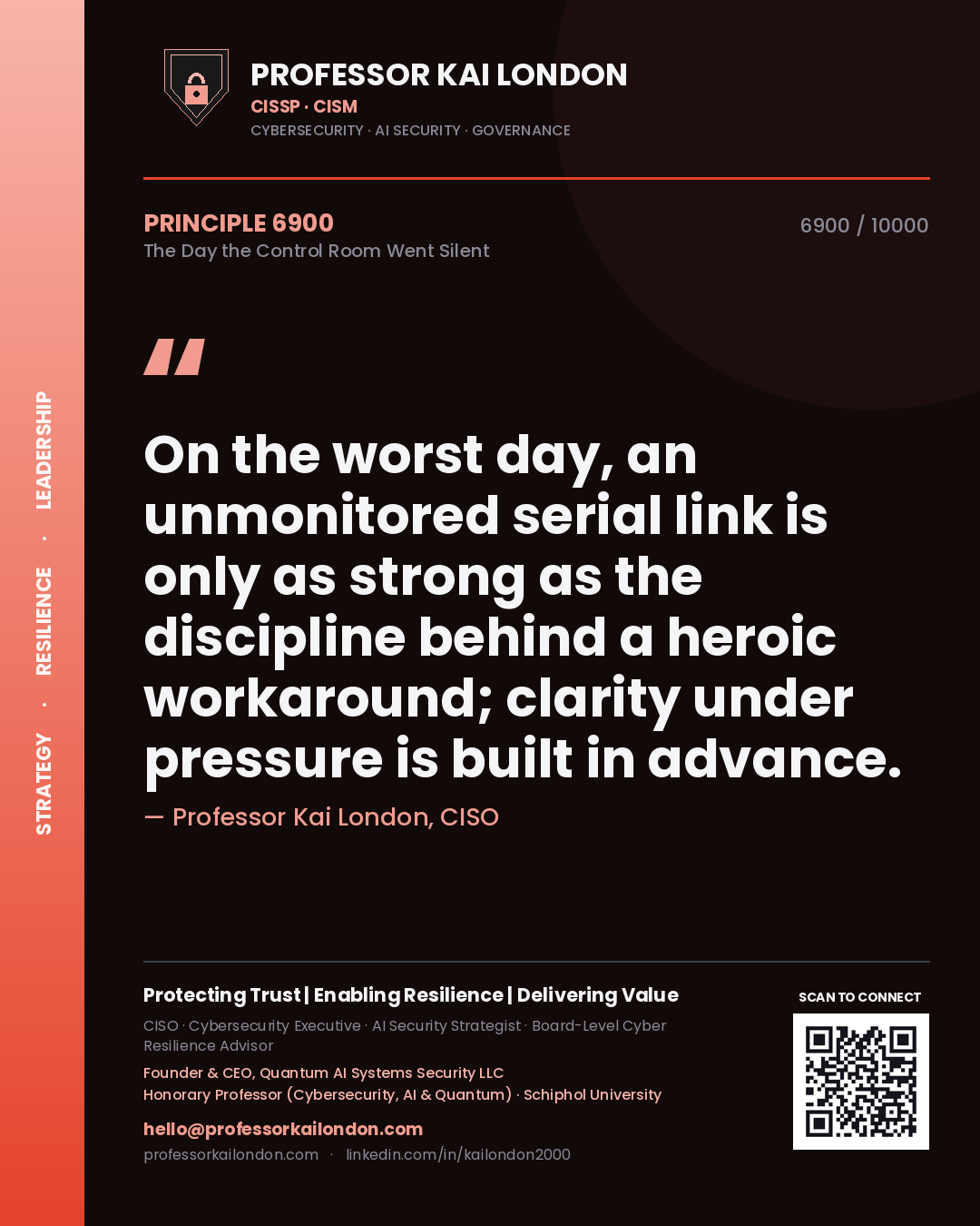 Professor Kai London principle 6900: On the worst day, an unmonitored serial link is only as strong as the discipline behind a heroic workaround; clarity under pressure is built in advance.