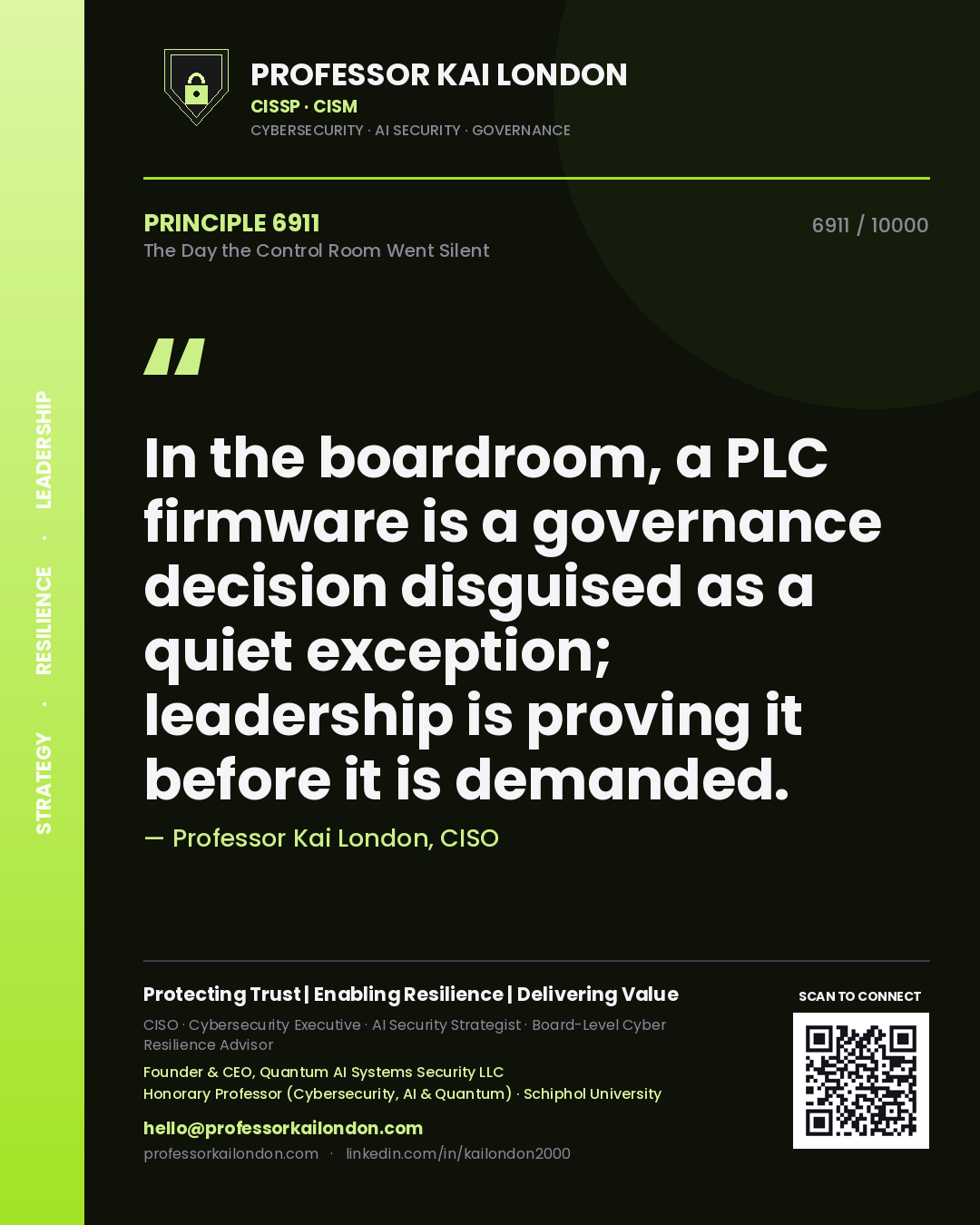Professor Kai London principle 6911: In the boardroom, a PLC firmware is a governance decision disguised as a quiet exception; leadership is proving it before it is demanded.
