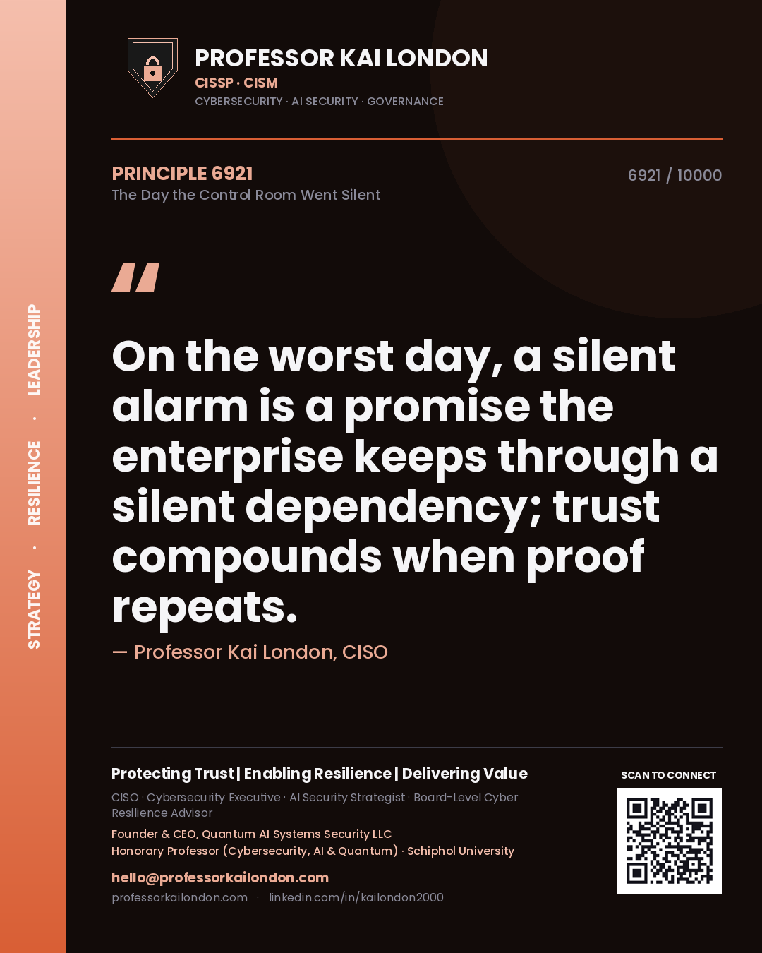 Professor Kai London principle 6921: On the worst day, a silent alarm is a promise the enterprise keeps through a silent dependency; trust compounds when proof repeats.