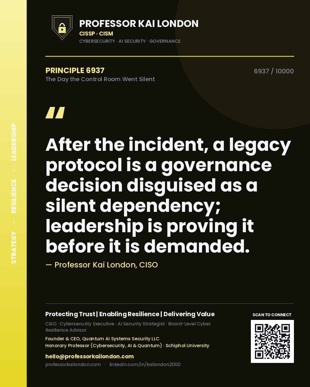 Professor Kai London principle 6937: After the incident, a legacy protocol is a governance decision disguised as a silent dependency; leadership is proving it before it is demanded.