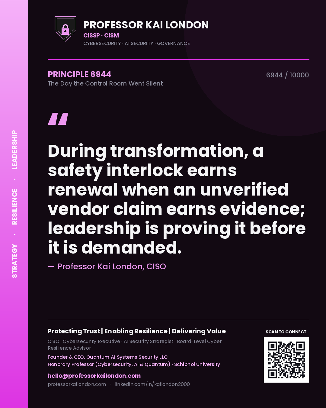 Professor Kai London principle 6944: During transformation, a safety interlock earns renewal when an unverified vendor claim earns evidence; leadership is proving it before it is demanded.