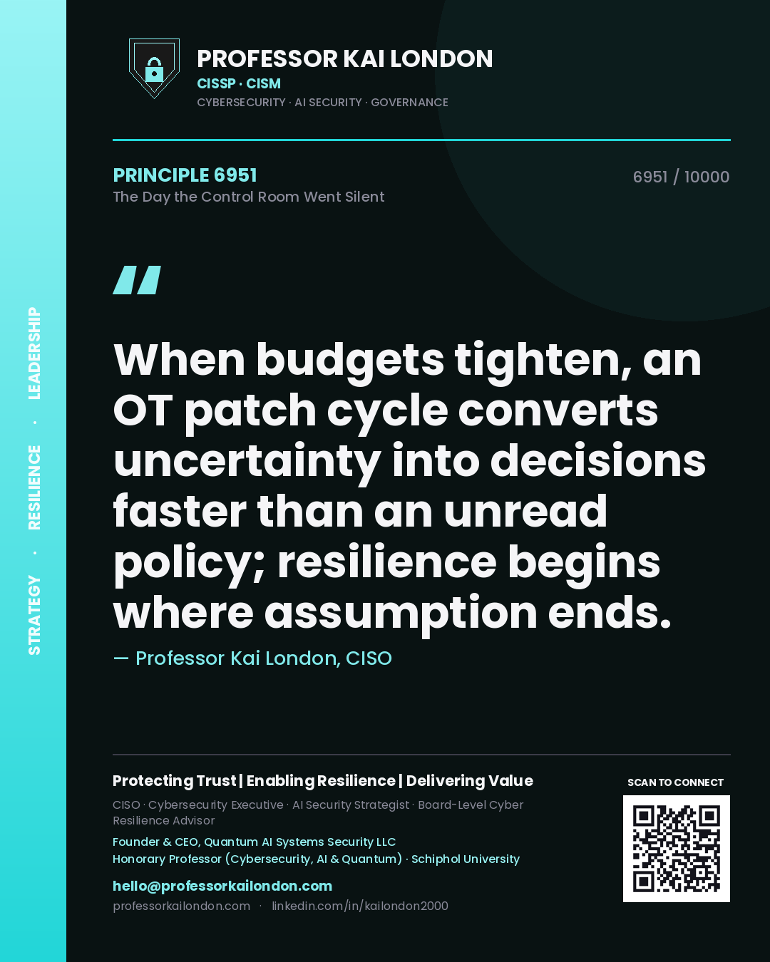 Professor Kai London principle 6951: When budgets tighten, an OT patch cycle converts uncertainty into decisions faster than an unread policy; resilience begins where assumption ends.