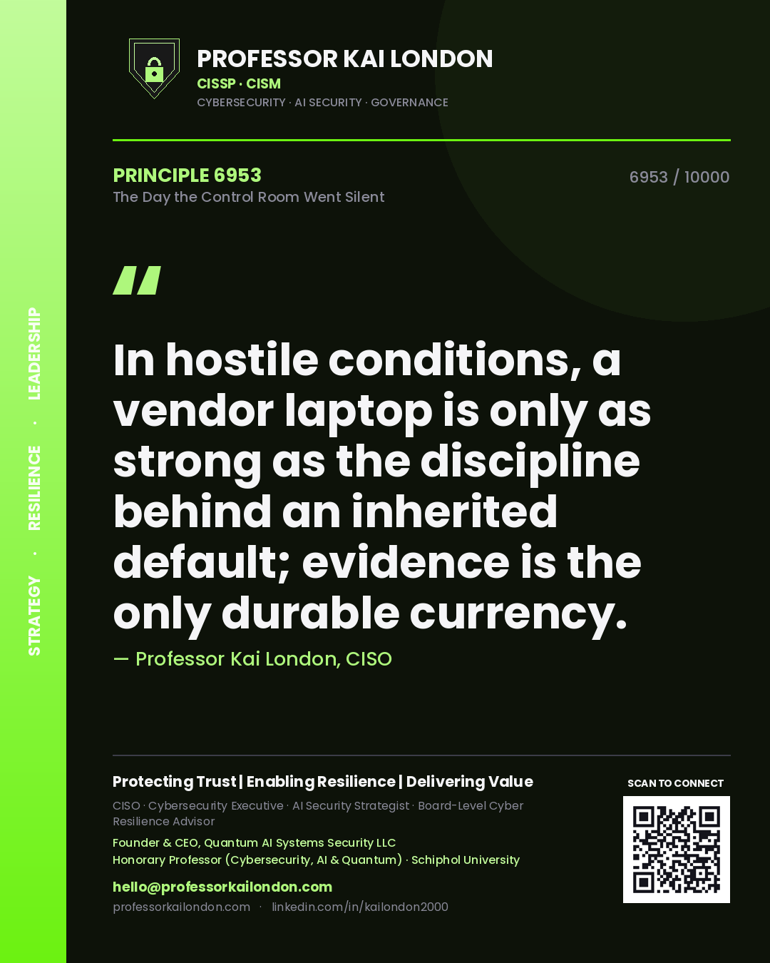 Professor Kai London principle 6953: In hostile conditions, a vendor laptop is only as strong as the discipline behind an inherited default; evidence is the only durable currency.