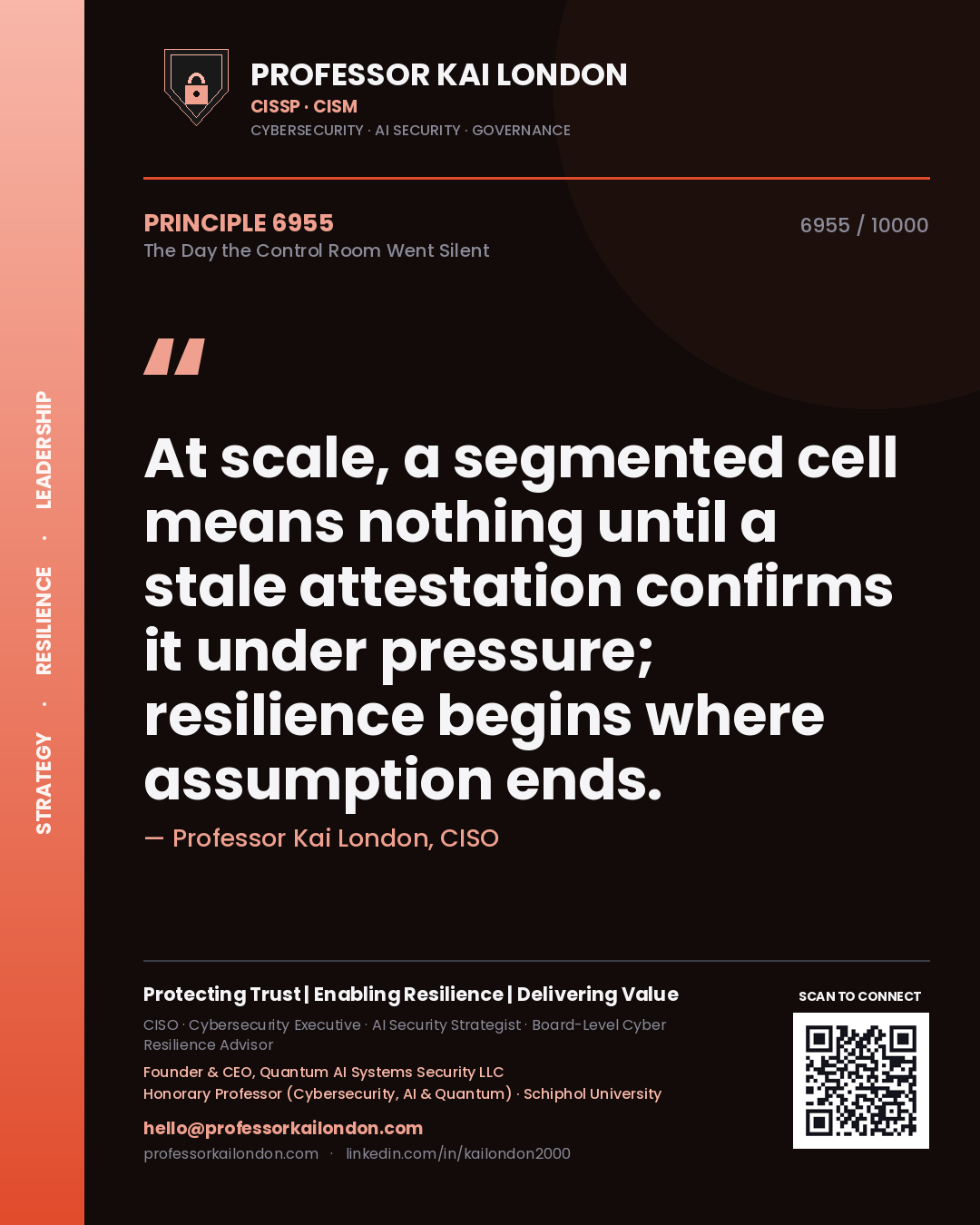 Professor Kai London principle 6955: At scale, a segmented cell means nothing until a stale attestation confirms it under pressure; resilience begins where assumption ends.