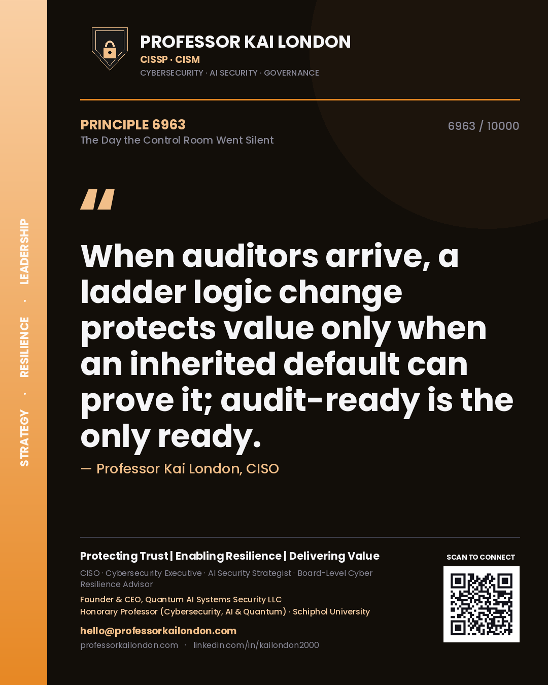 Professor Kai London principle 6963: When auditors arrive, a ladder logic change protects value only when an inherited default can prove it; audit-ready is the only ready.