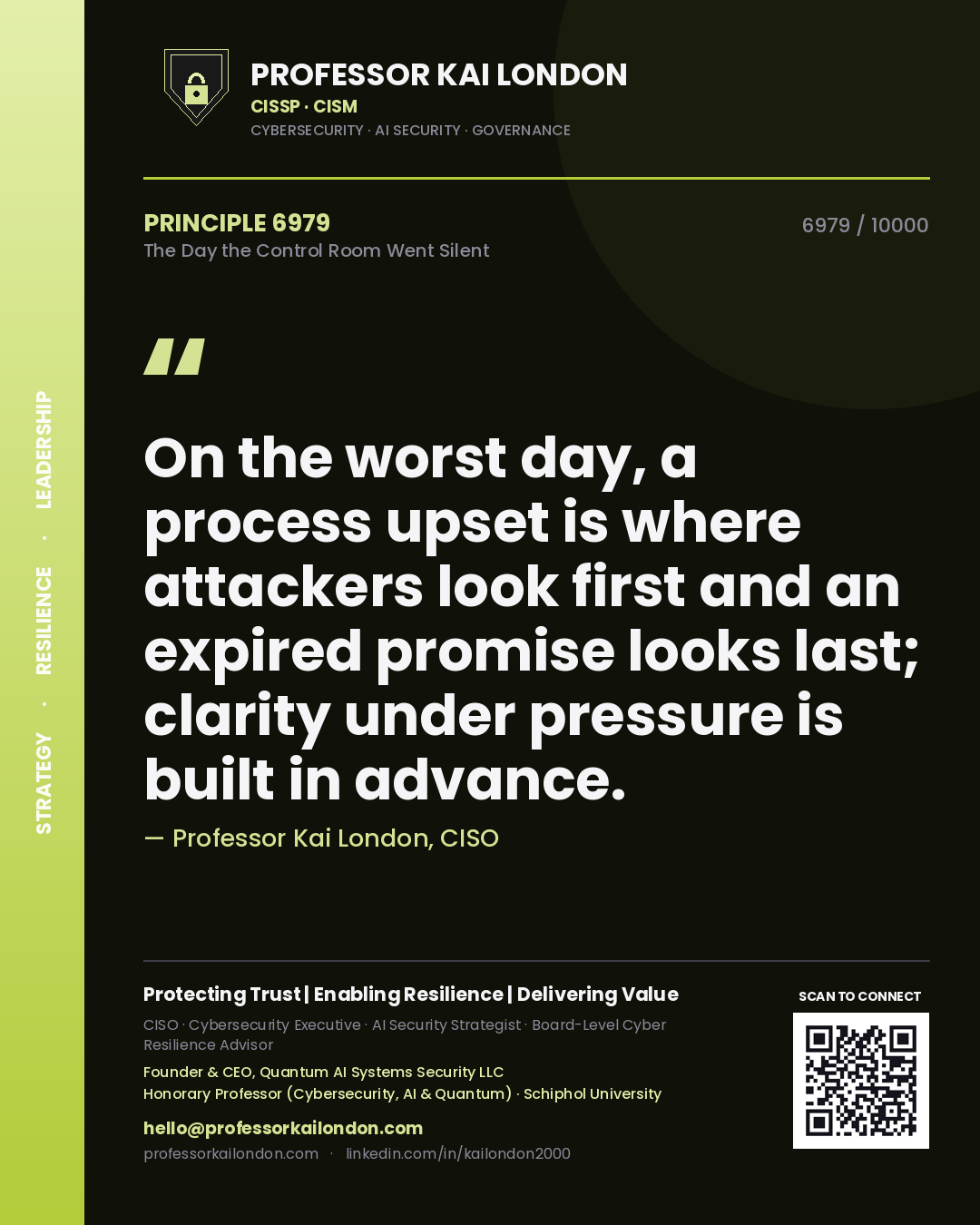 Professor Kai London principle 6979: On the worst day, a process upset is where attackers look first and an expired promise looks last; clarity under pressure is built in advance.