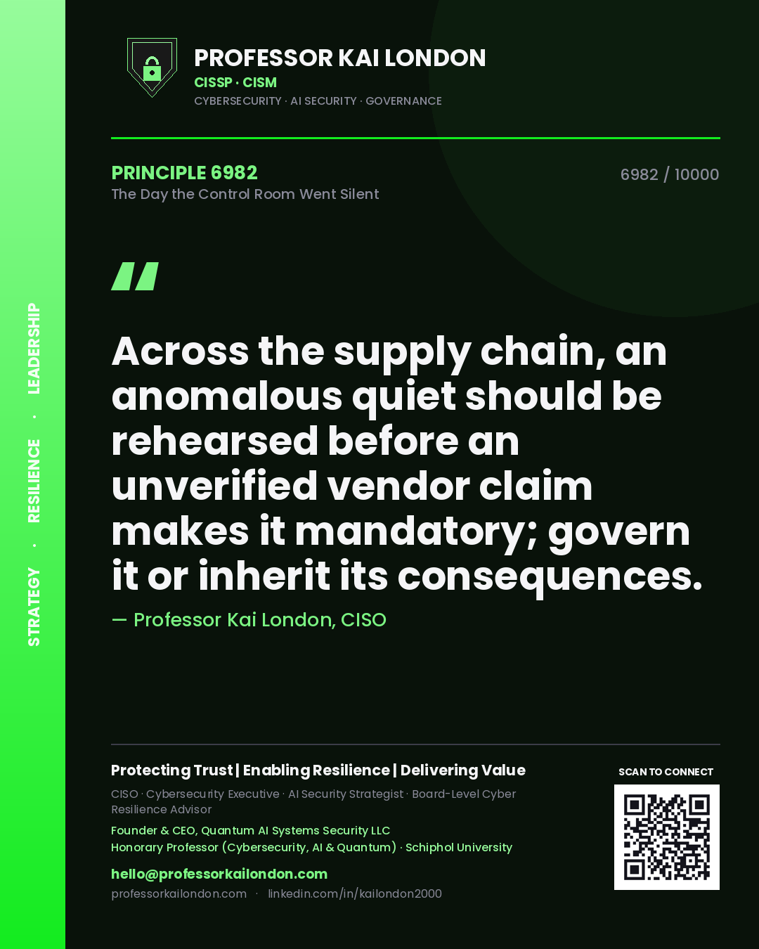 Professor Kai London principle 6982: Across the supply chain, an anomalous quiet should be rehearsed before an unverified vendor claim makes it mandatory; govern it or inherit its consequences.