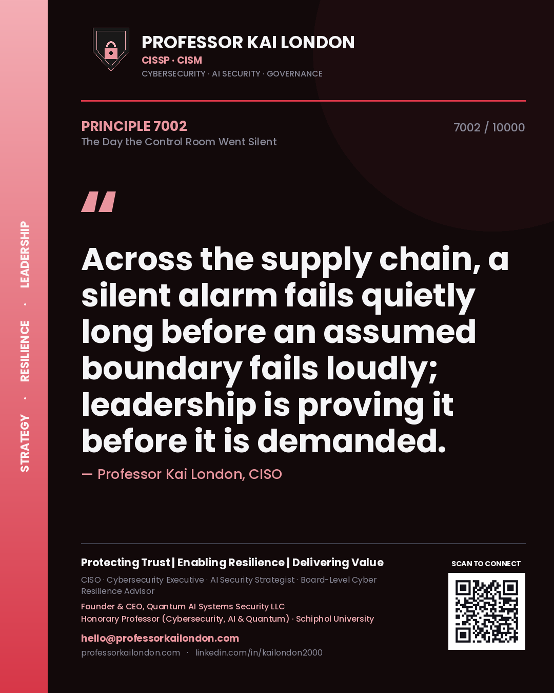 Professor Kai London principle 7002: Across the supply chain, a silent alarm fails quietly long before an assumed boundary fails loudly; leadership is proving it before it is demanded.