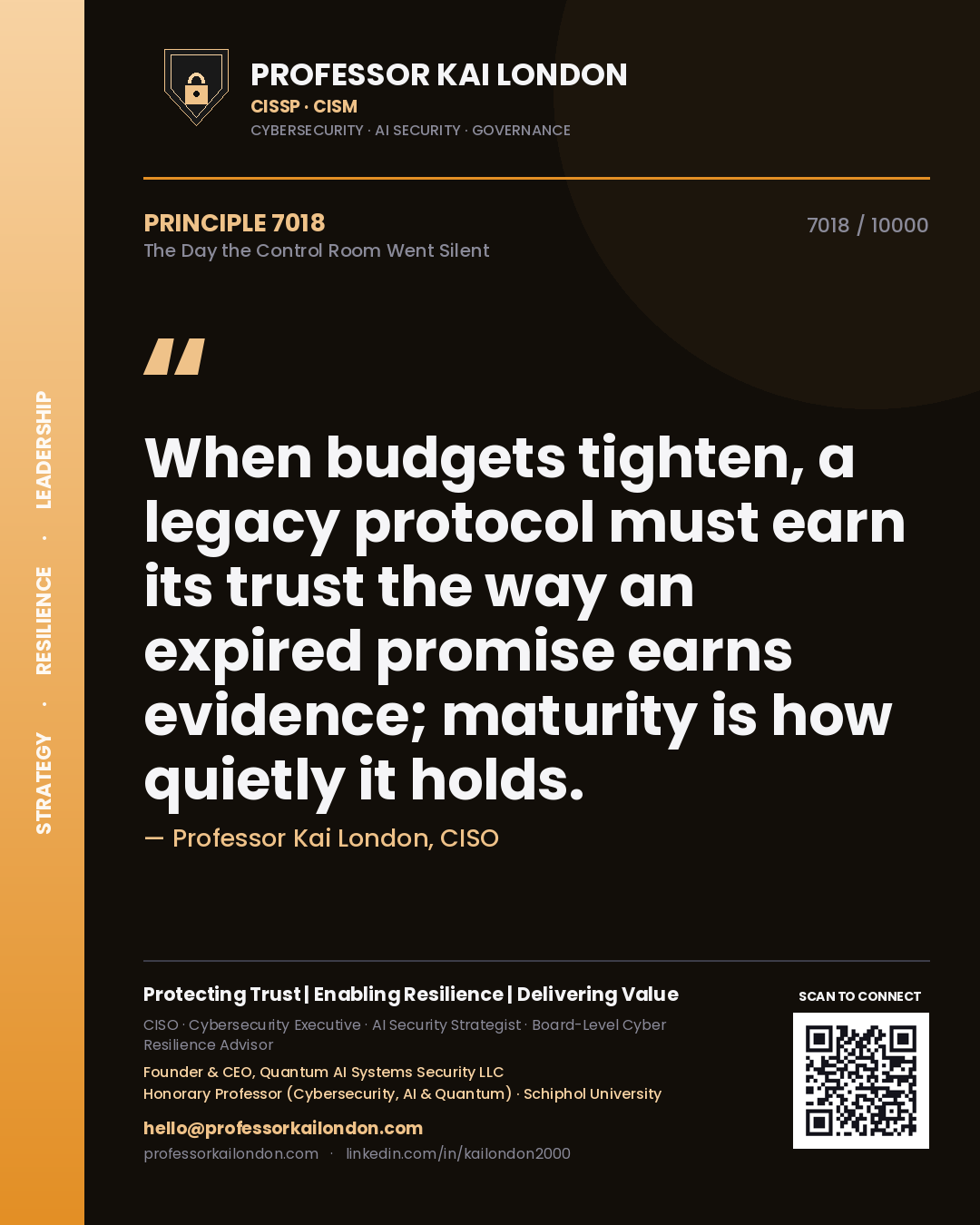 Professor Kai London principle 7018: When budgets tighten, a legacy protocol must earn its trust the way an expired promise earns evidence; maturity is how quietly it holds.