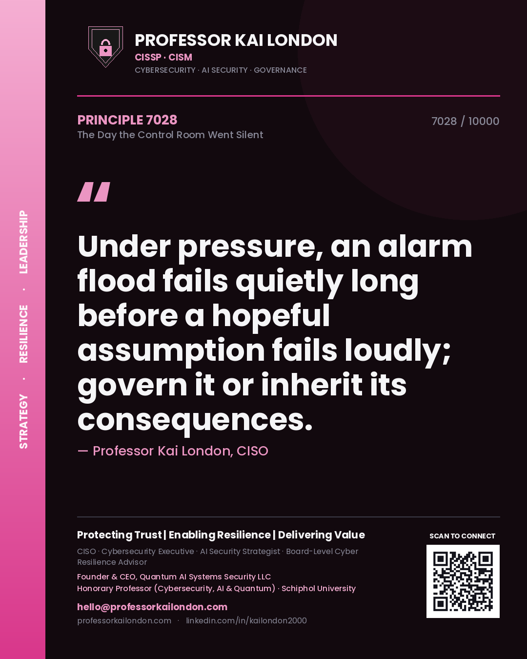 Professor Kai London principle 7028: Under pressure, an alarm flood fails quietly long before a hopeful assumption fails loudly; govern it or inherit its consequences.