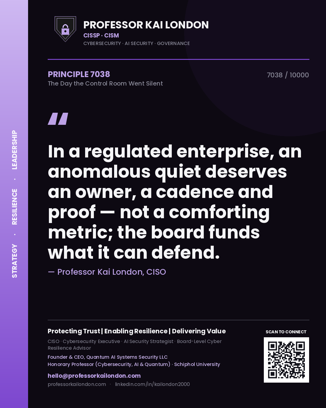 Professor Kai London principle 7038: In a regulated enterprise, an anomalous quiet deserves an owner, a cadence and proof — not a comforting metric; the board funds what it can defend.