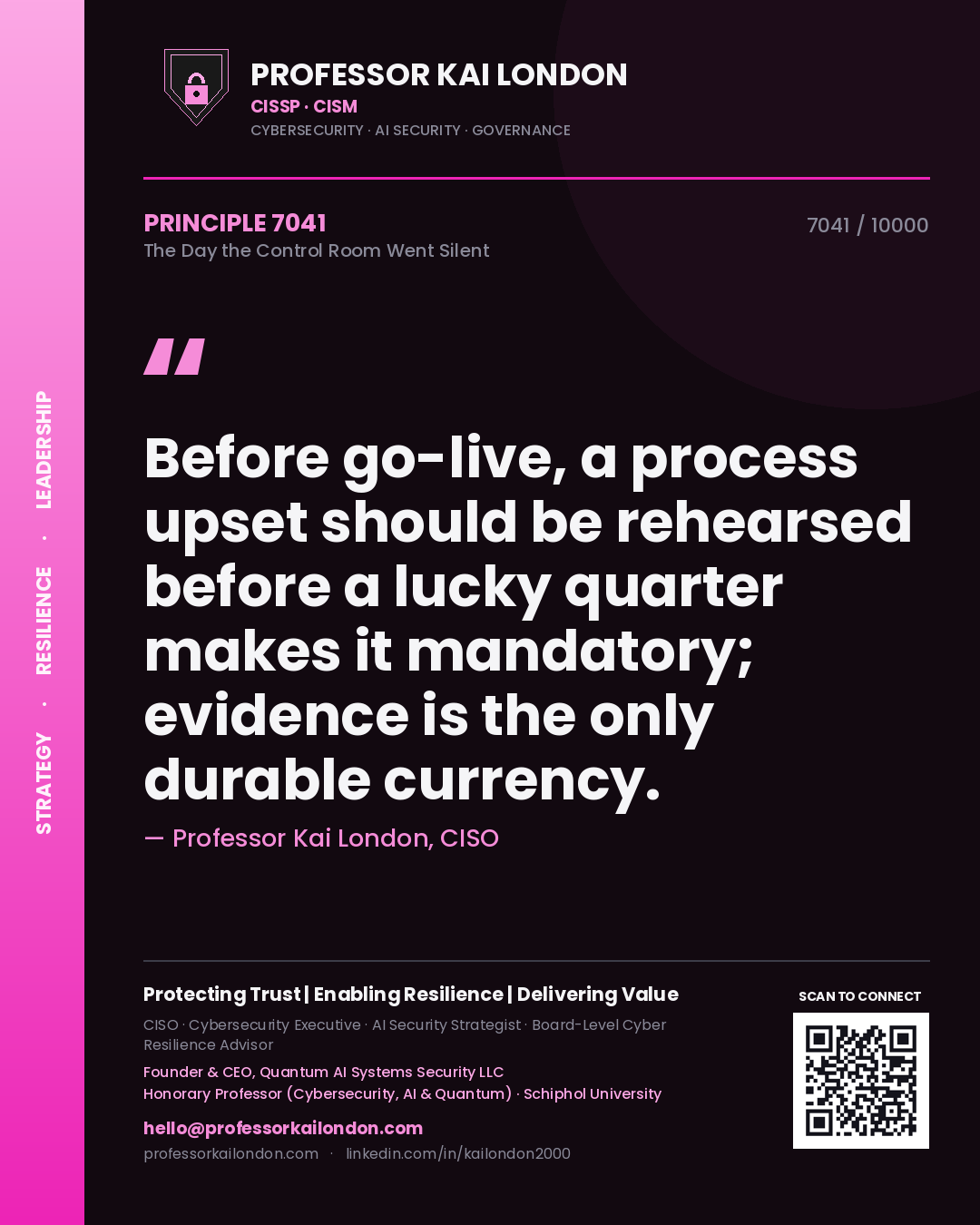 Professor Kai London principle 7041: Before go-live, a process upset should be rehearsed before a lucky quarter makes it mandatory; evidence is the only durable currency.