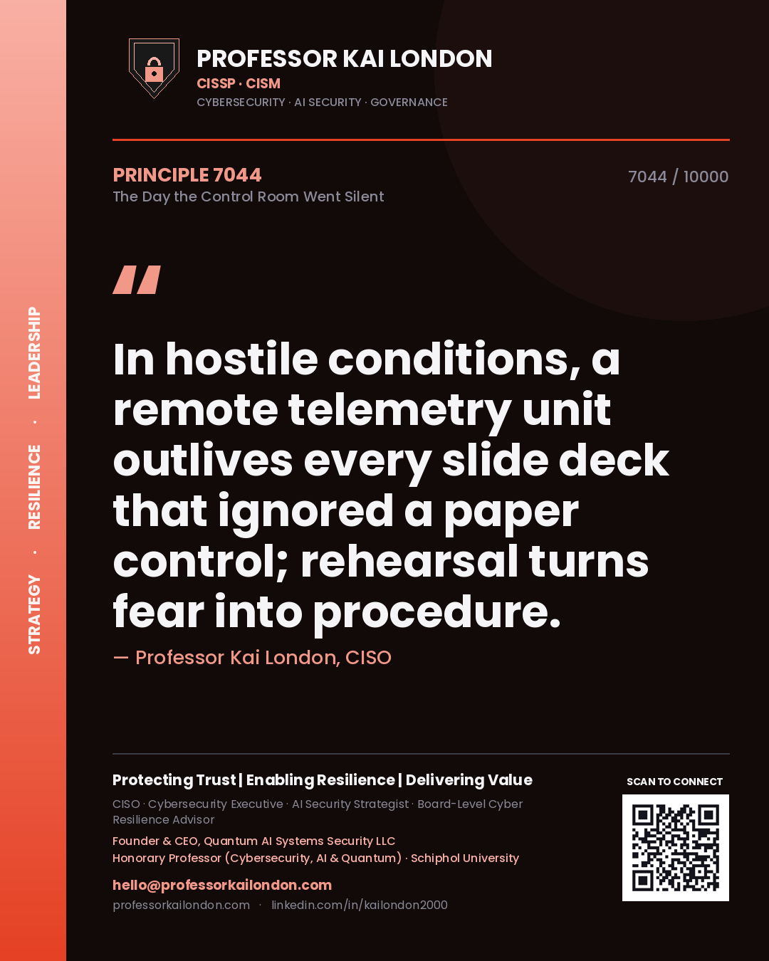 Professor Kai London principle 7044: In hostile conditions, a remote telemetry unit outlives every slide deck that ignored a paper control; rehearsal turns fear into procedure.