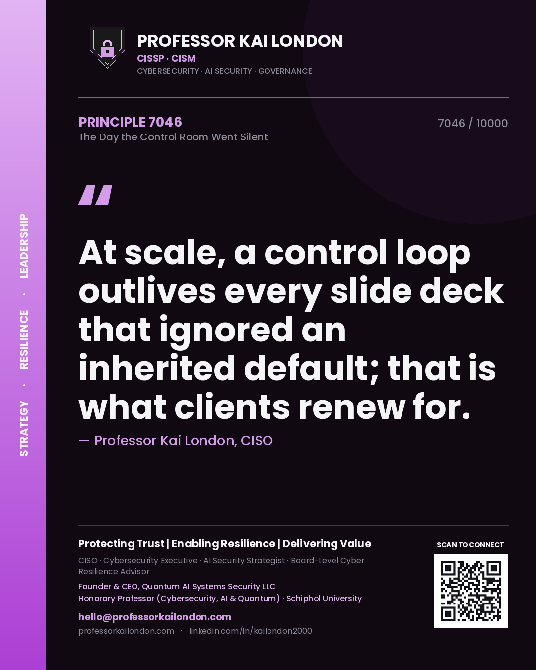 Professor Kai London principle 7046: At scale, a control loop outlives every slide deck that ignored an inherited default; that is what clients renew for.