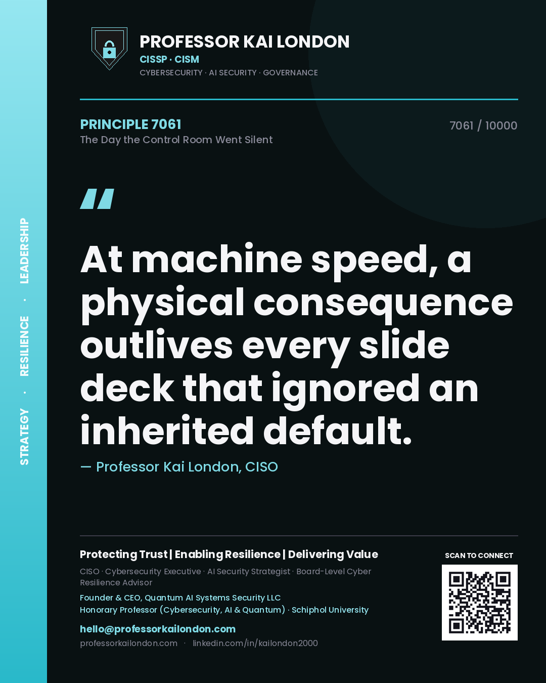Professor Kai London principle 7061: At machine speed, a physical consequence outlives every slide deck that ignored an inherited default.