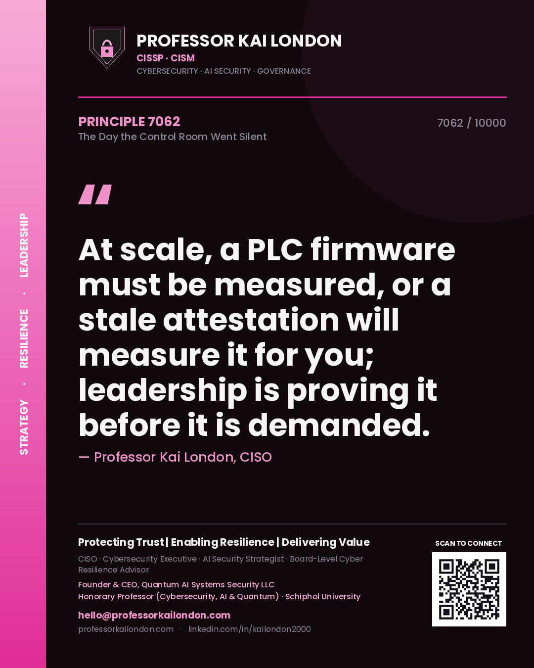 Professor Kai London principle 7062: At scale, a PLC firmware must be measured, or a stale attestation will measure it for you; leadership is proving it before it is demanded.