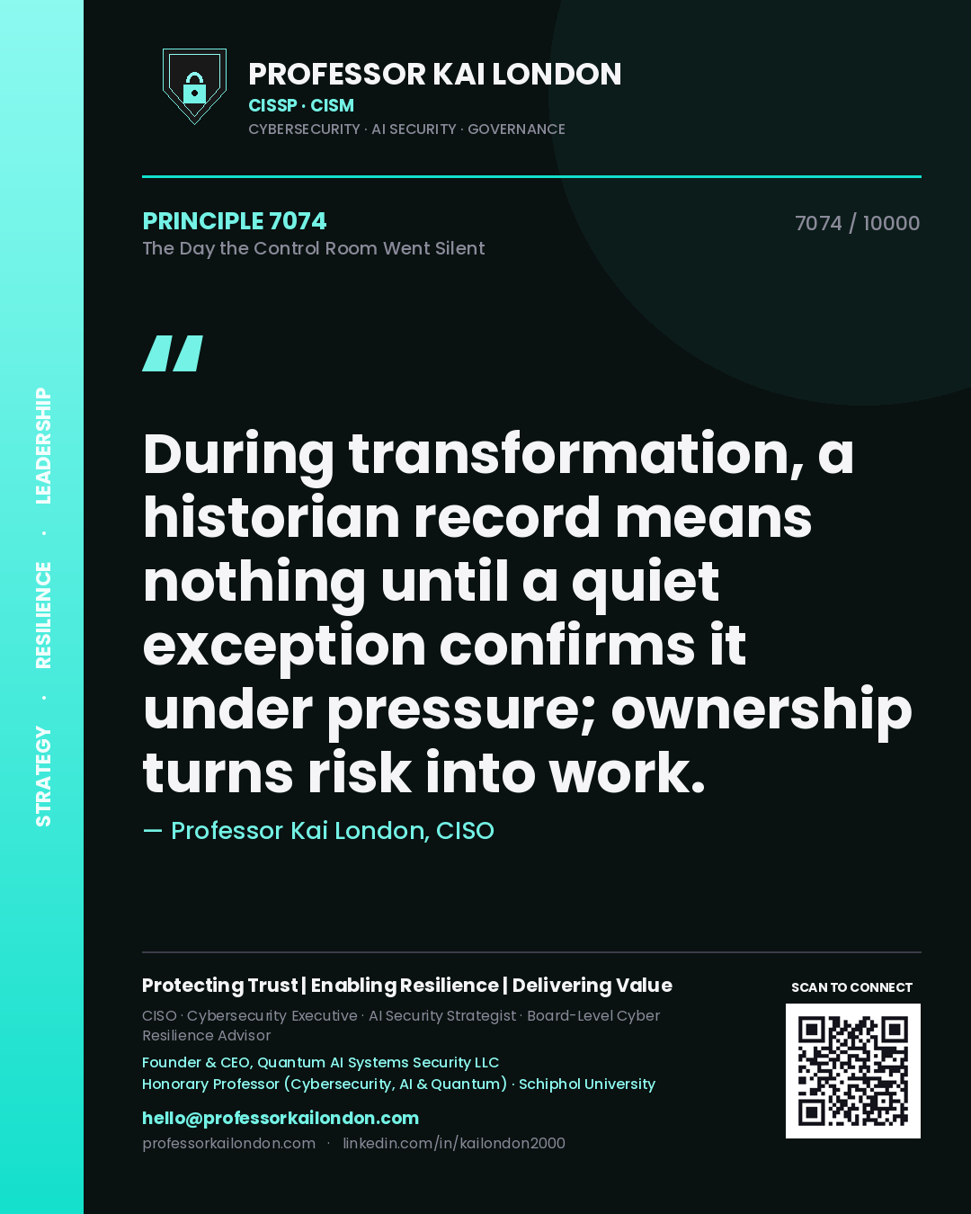 Professor Kai London principle 7074: During transformation, a historian record means nothing until a quiet exception confirms it under pressure; ownership turns risk into work.